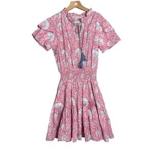 Ophelia & Indigo Pink Floral Cotton Smocked Mini Dress Tassel Tie XS boho marble